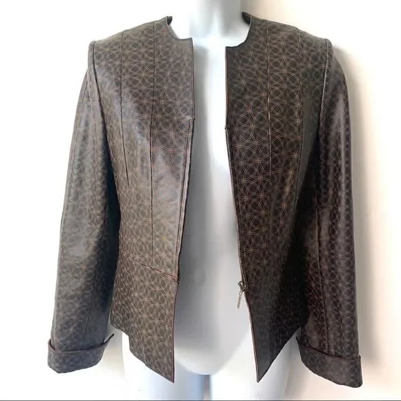 Leather Geometric Dark Brown Fitted Jacket - Picture 11 of 14